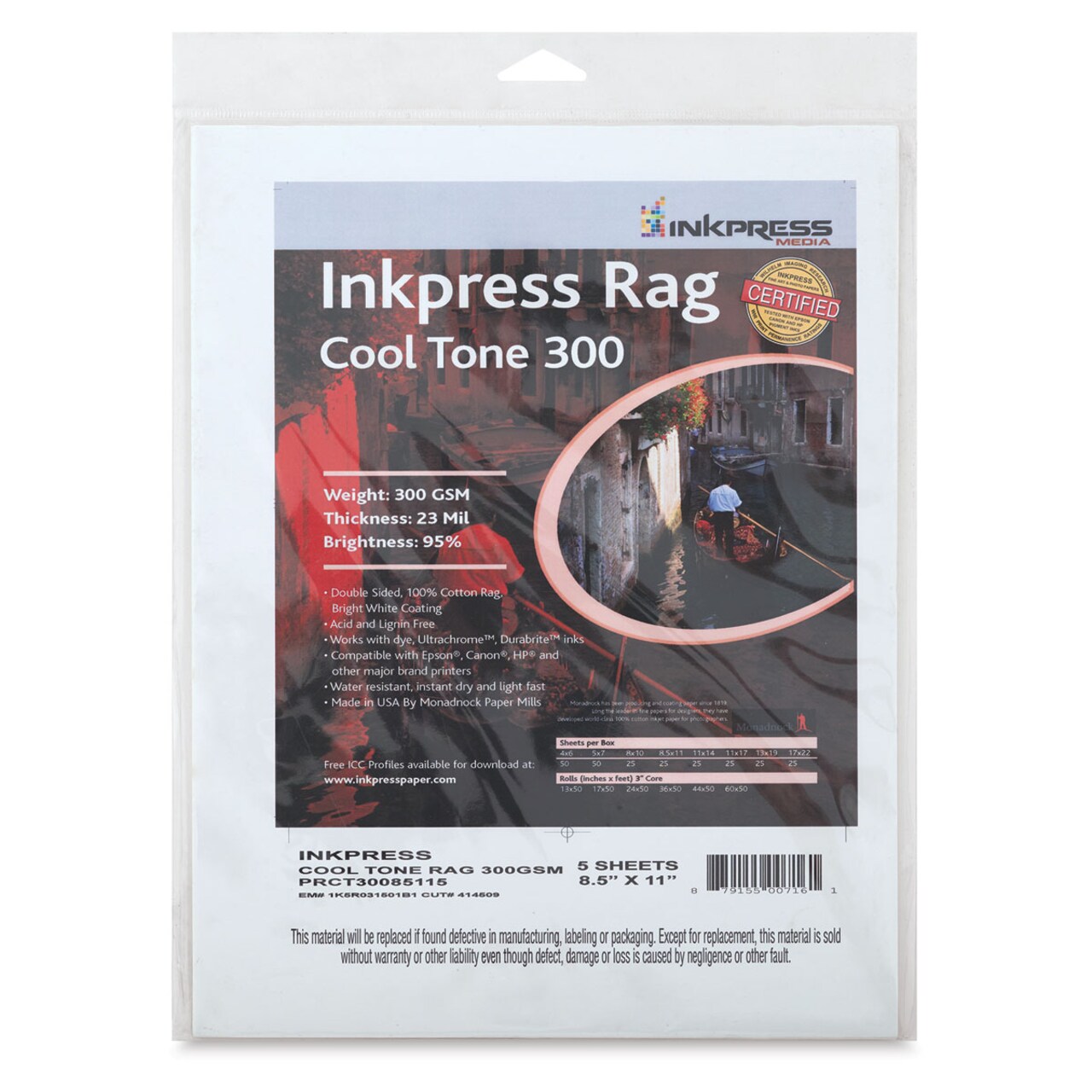 Inkpress Rag Digital Paper - Cool Tone, 300 gsm, 8-1/2" x 11", 25 Sheets